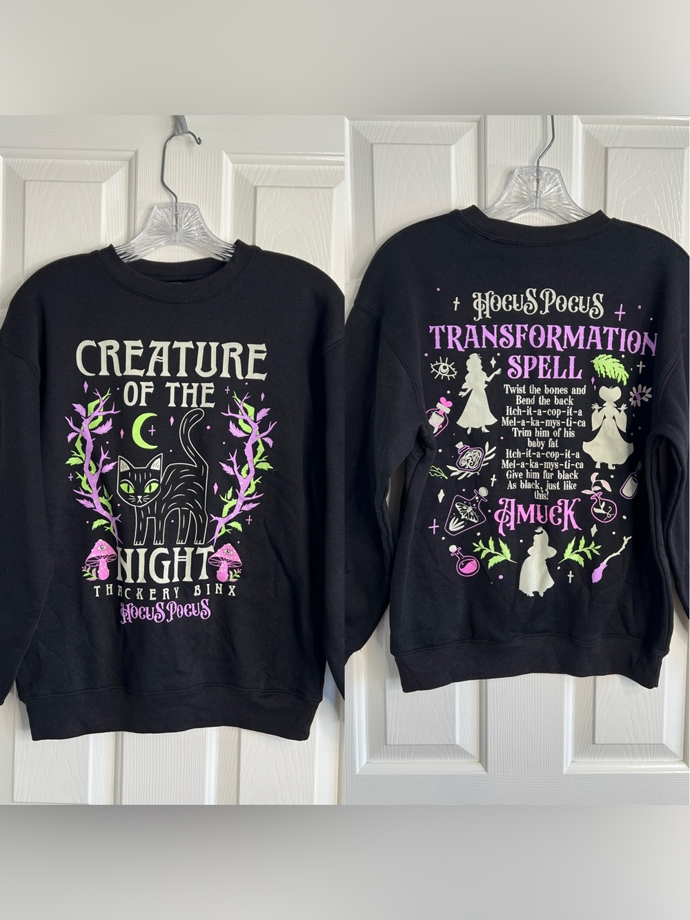 Disney Hocus Pocus black graphic crew neck sweater women’s XXS purple & white